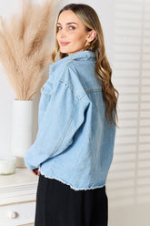 Double Take Dropped Shoulder Raw Hem Denim Jacket OutfitFlow